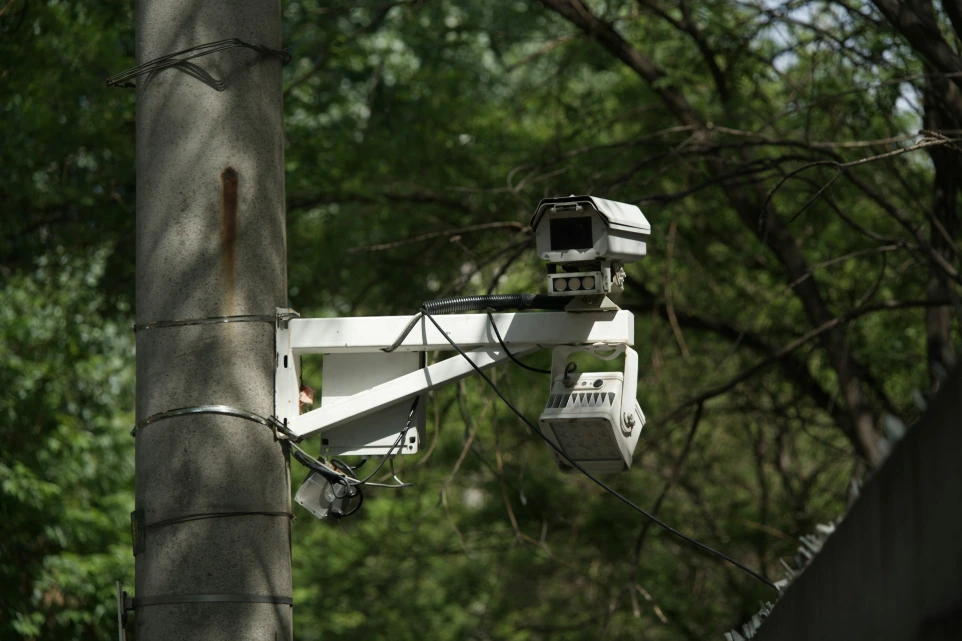 Security camera mounted on a pole with trees behind