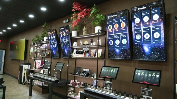 Retail store display with products and screens
