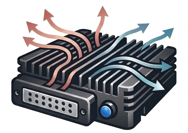 passive cooling heatsink illustrating fanless, passive cooling design.