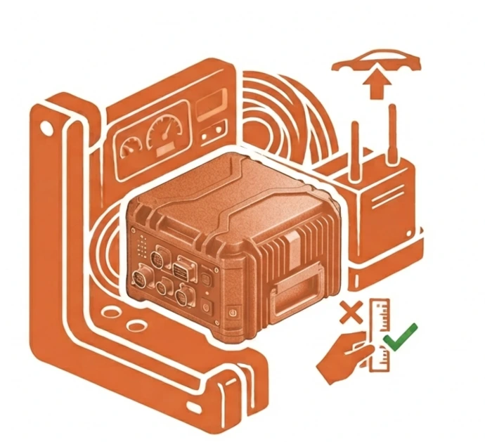 Computer fitted alongside onboard equipment in a tight mounting space