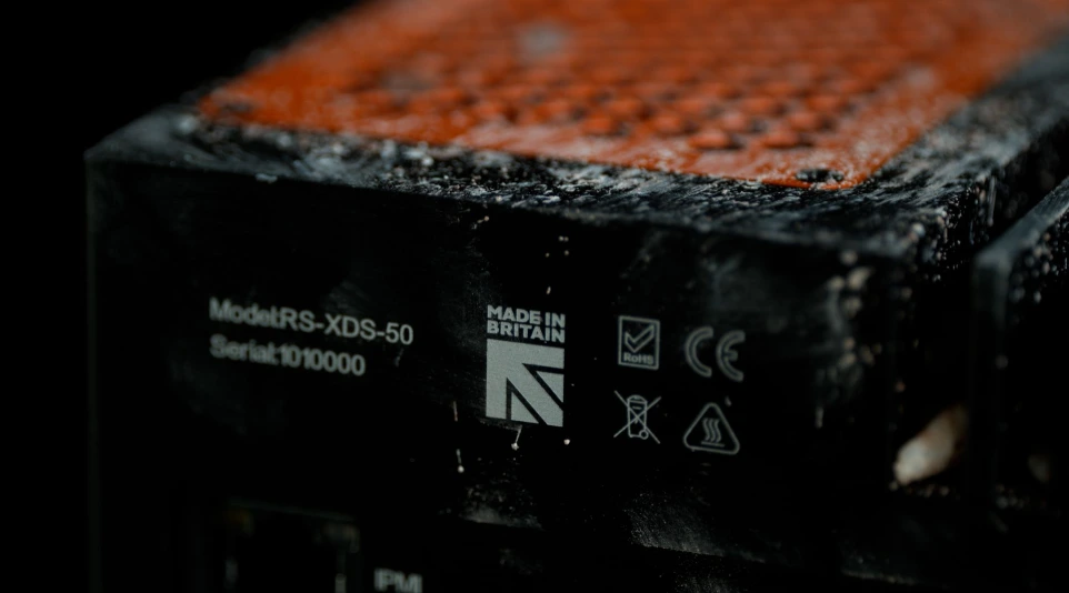 Rear panel of a Tranquil rugged server also showing safety certification symbols, and a Made in Britain logo.