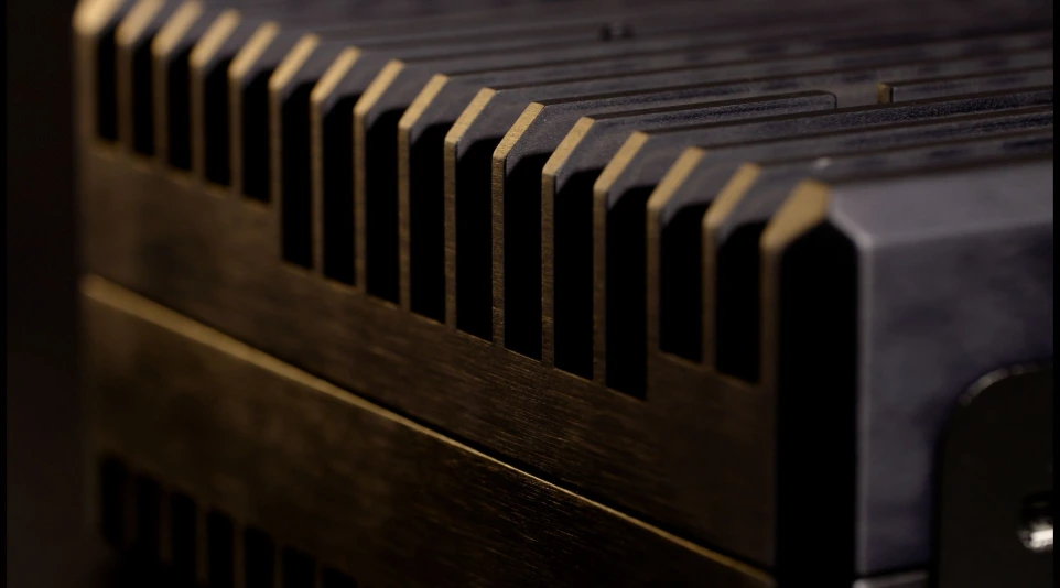 heavy-duty industrial cooling fins on a fanless computer chassis